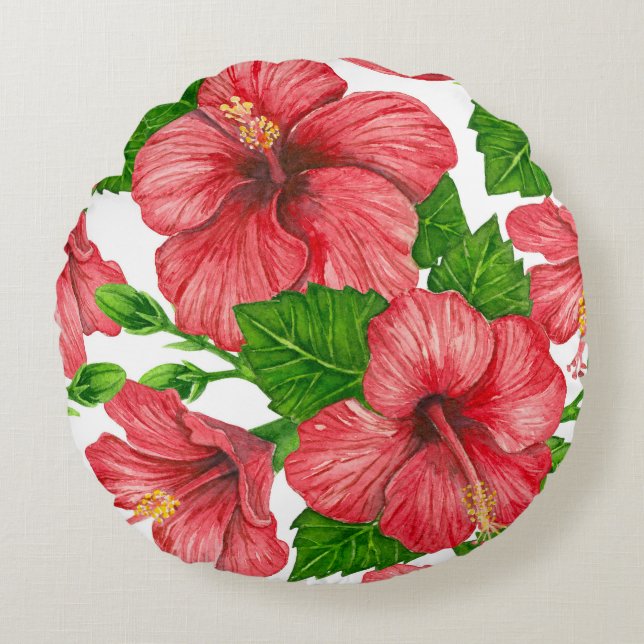 Wasserfarbmuster des roten Hibiskus Rundes Kissen (Vorderseite)