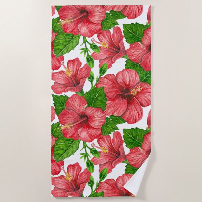 Wasserfarbmuster des roten Hibiskus Strandtuch (Vorderseite)