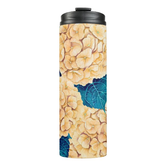 Wasserfarbmuster Hydrangea, gelb und blau Thermosbecher (Vorderseite)