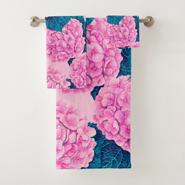 Wasserfarbmuster Hydrangea, rosa und blau Badhandtuch Set (Insitu)