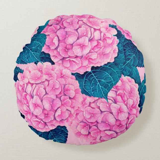 Wasserfarbmuster Hydrangea, rosa und blau Rundes Kissen (Vorderseite)