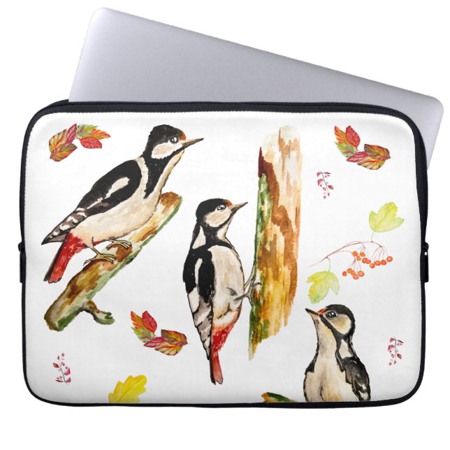 Wasserfarbmuster mit Vogelspecht Laptopschutzhülle (Vorderseite)