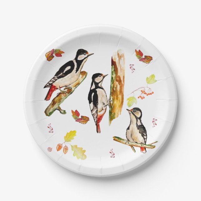 Wasserfarbmuster mit Vogelspecht Pappteller (Vorderseite)