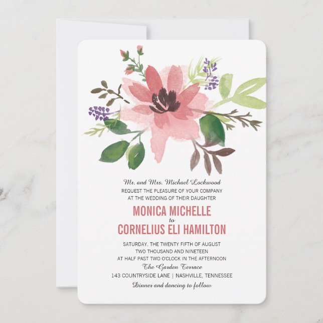 Wasserfarbrosa Blume Burst | Hochzeit Einladung (Vorderseite)