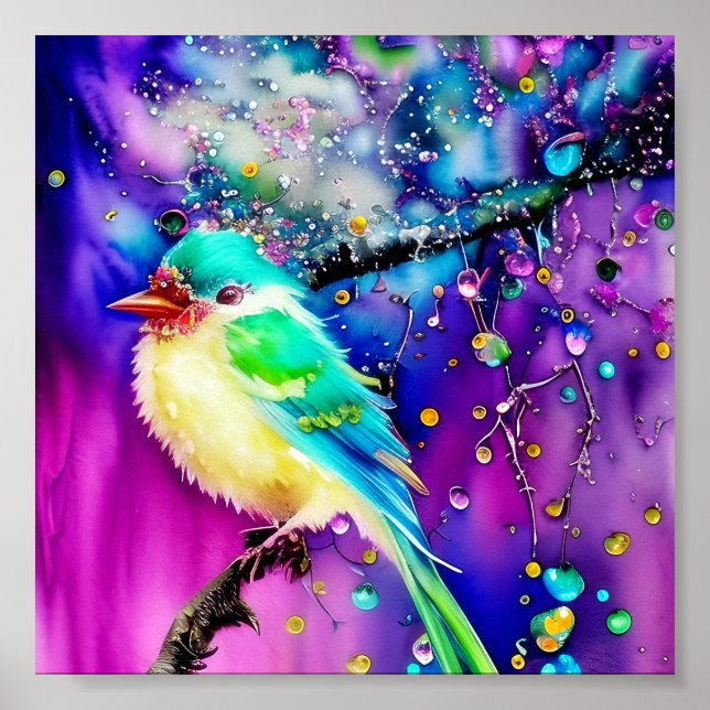 Wasserfarbvogel und Wassertropfen Poster (Vorne)