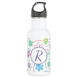 Wasserflasche mit buntem Tatzendruckmuster