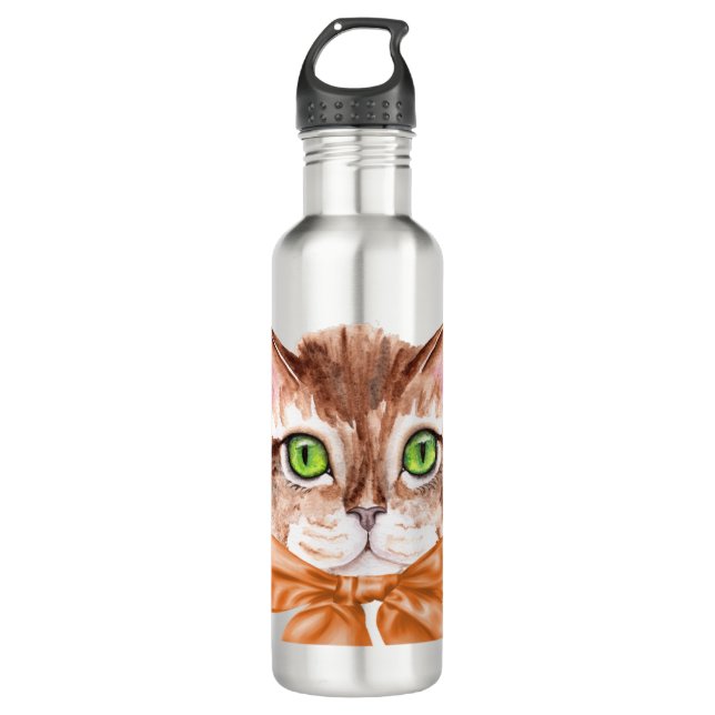 Wasserflasche mit Illustrierter Katze Edelstahlflasche (Vorderseite)