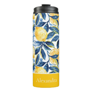 Wasserflasche mit individuellem Zitronenmuster und Thermosbecher