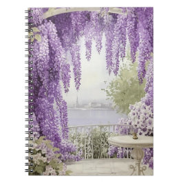 Wasserfront mit blühenden Lilacs Notizblock