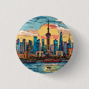 Wasserfront-Skyline von Shanghai bei Sonnenunterga Button