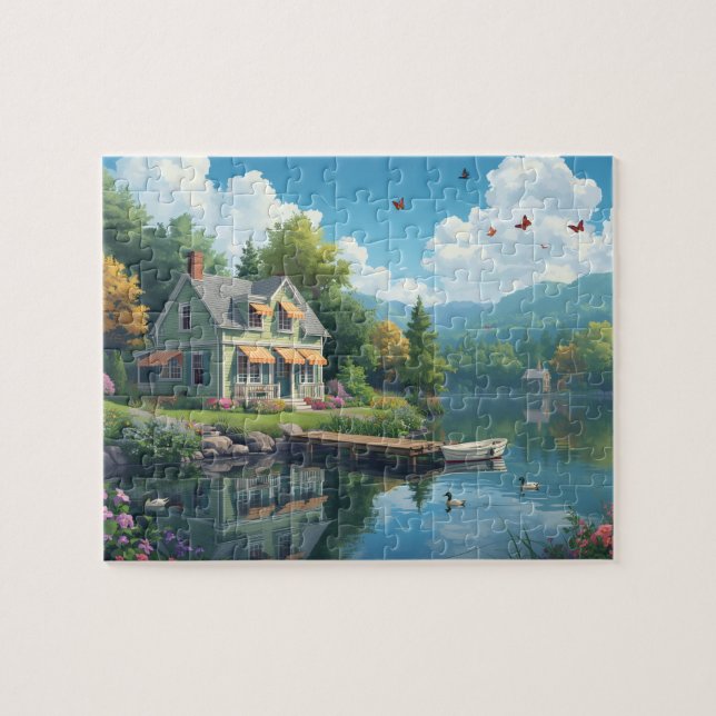 Wassergrundstück Cottage Seehäuschen Enten Sommer (Horizontal)