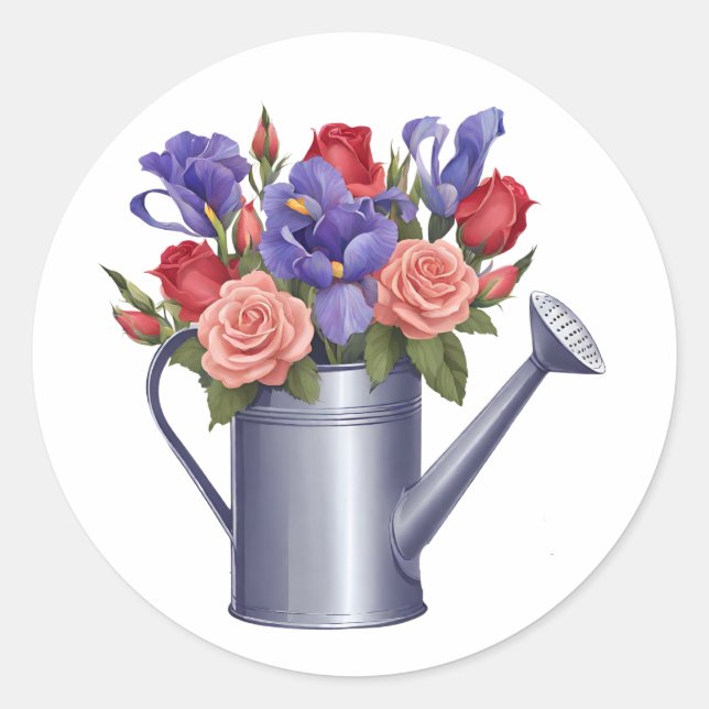 Wasserkocher mit farbenfrohen Blume im Garten Runder Aufkleber (Vorderseite)