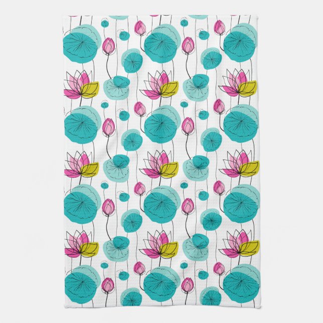Wasserlilie Pads Blume kühl leuchtende Farbtöne Geschirrtuch (Vertikal)