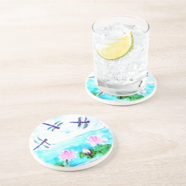 Wasserlilie Teichmalerei mit Libellenfliege Untersetzer (Seite)