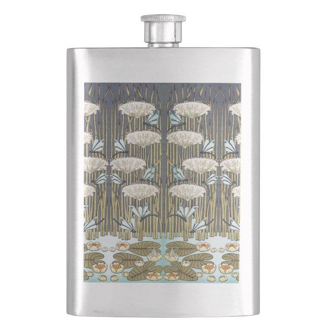 Wasserlilien, Libellen, Marsh Art Nouveau Flachmann (Vorderseite)