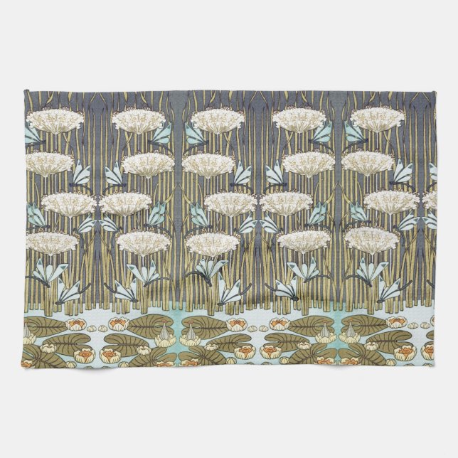 Wasserlilien, Libellen, Marsh Art Nouveau Geschirrtuch (Horizontal)