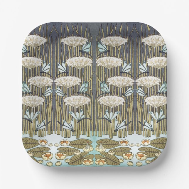 Wasserlilien, Libellen, Marsh Art Nouveau Pappteller (Vorderseite)