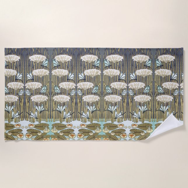 Wasserlilien, Libellen, Marsh Art Nouveau Strandtuch (Vorderseite)