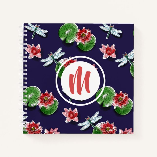 Wasserlilien und Libellen Monogram Sketch|Notebook Notizbuch (Vorderseite)