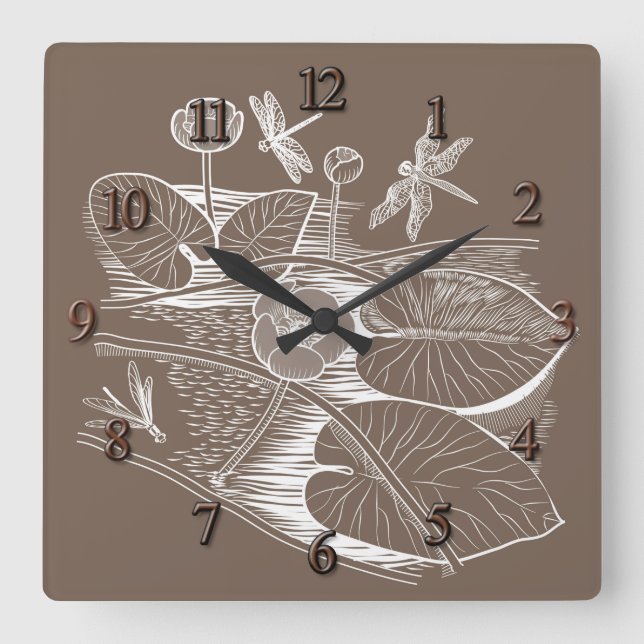 Wasserlilienbraun Quadratische Wanduhr (Vorderseite)