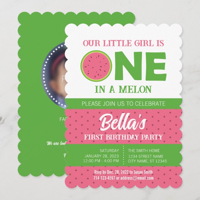 Wassermelone 1. Geburtstag Einladung mit Bild (Vorne/Hinten)