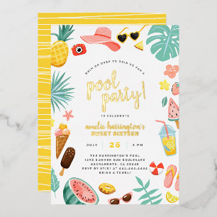 Wassermelone, Ananas & Tropische Blätter Poolparty Folieneinladung