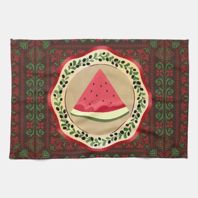 Wassermelone auf Olivenplatte mit palästinensische Geschirrtuch (Horizontal)