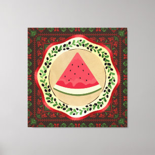 Wassermelone auf Olivenplatte mit palästinensische Leinwanddruck