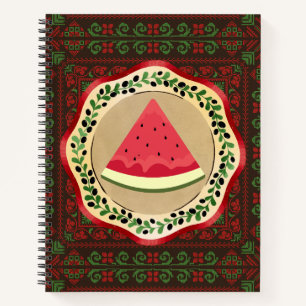 Wassermelone auf Olivenplatte mit palästinensische Notizbuch