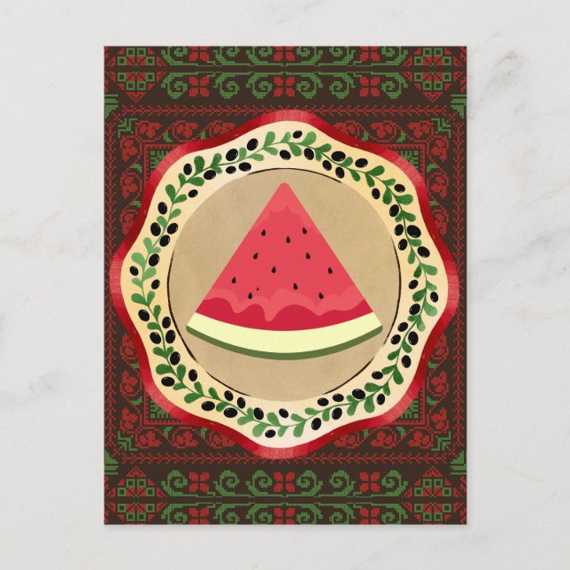 Wassermelone auf Olivenplatte mit palästinensische Postkarte (Vorderseite)