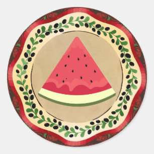 Wassermelone auf Olivenplatte mit palästinensische Runder Aufkleber