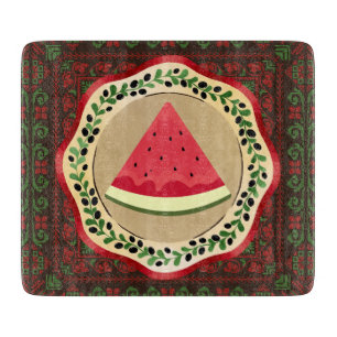 Wassermelone auf Olivenplatte mit palästinensische Schneidebrett