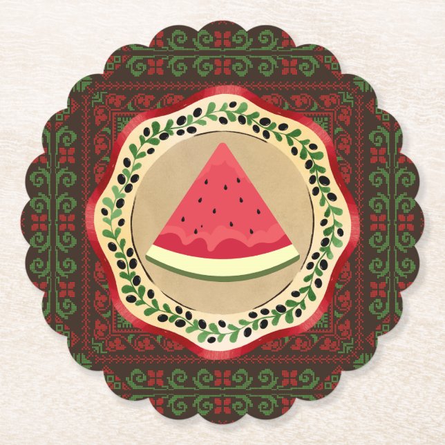 Wassermelone auf Olivenplatte mit palästinensische Untersetzer (Vorderseite)