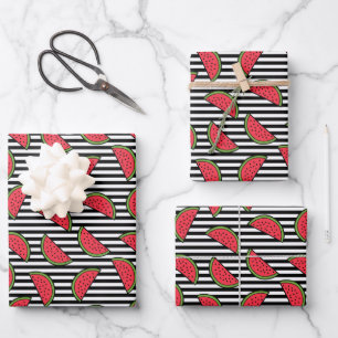 Wassermelone auf Schwarz-Weiß-Streifen Muster Geschenkpapier Set