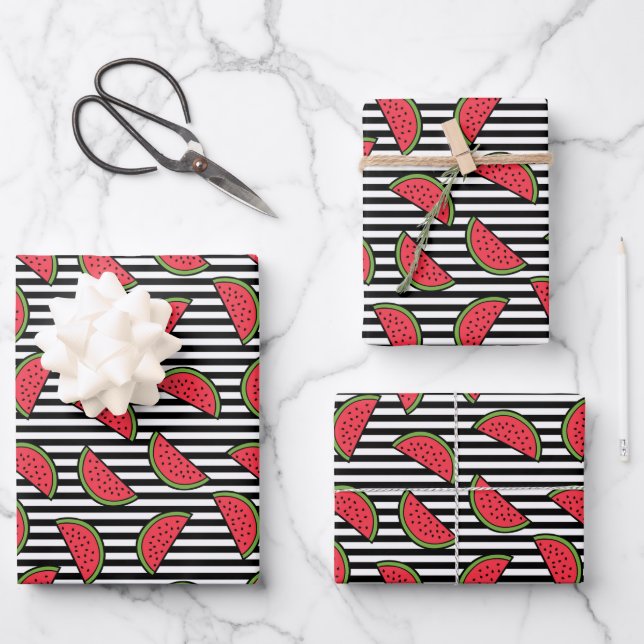 Wassermelone auf Schwarz-Weiß-Streifen Muster Geschenkpapier Set (Vorderseite)
