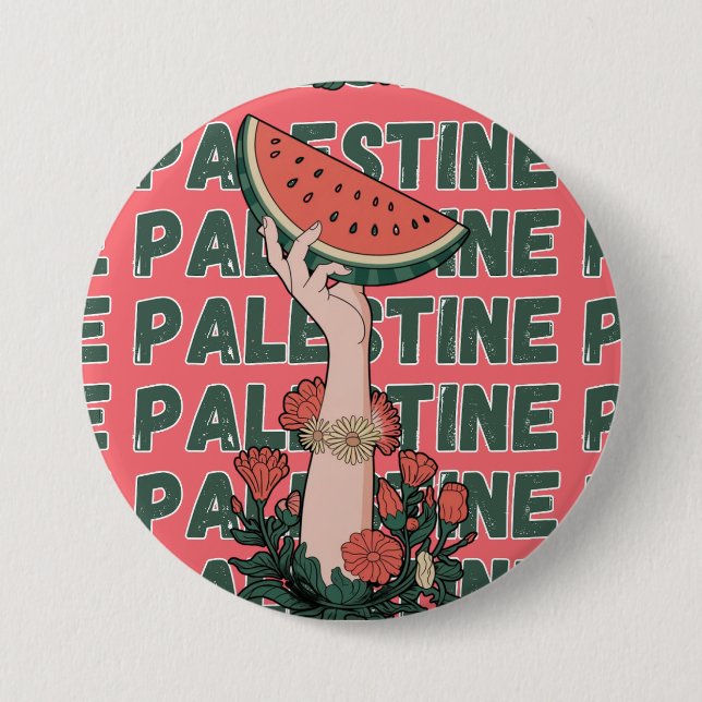 Wassermelone, Blume und Palestintext Wiederholen Button (Vorderseite)