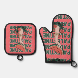 Wassermelone, Blume und Palestintext Wiederholen Ofenhandschuh & Topflappen-Set