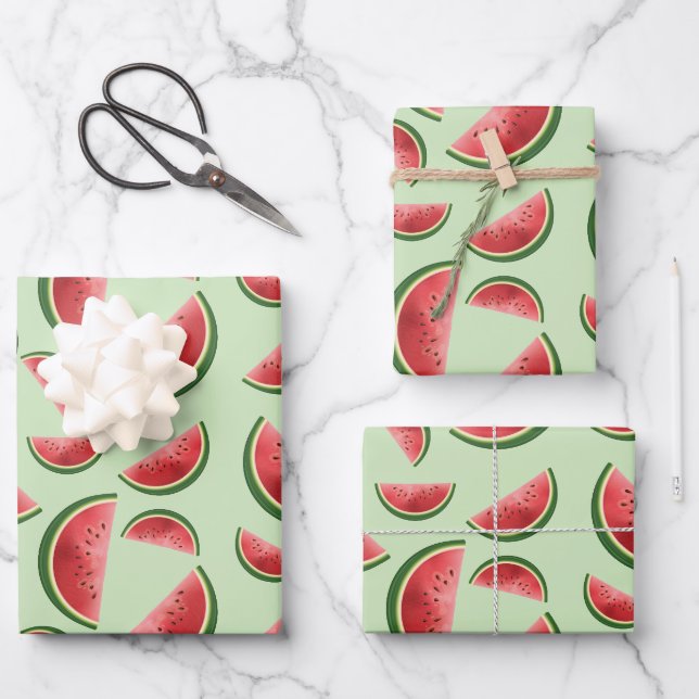 Wassermelone-Fruchtmuster auf grünem Grund Geschenkpapier Set (Vorderseite)