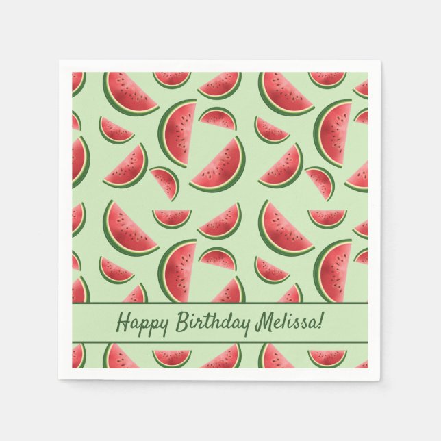 Wassermelone Fruchtmuster auf grünem Happy Birthda Serviette (Vorderseite)