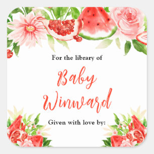 Wassermelone Granatapfel Baby Shower Exlibris Quadratischer Aufkleber