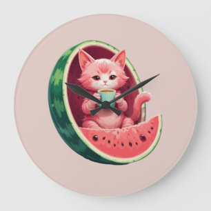 Wassermelone Katze Kaffeepause Große Wanduhr