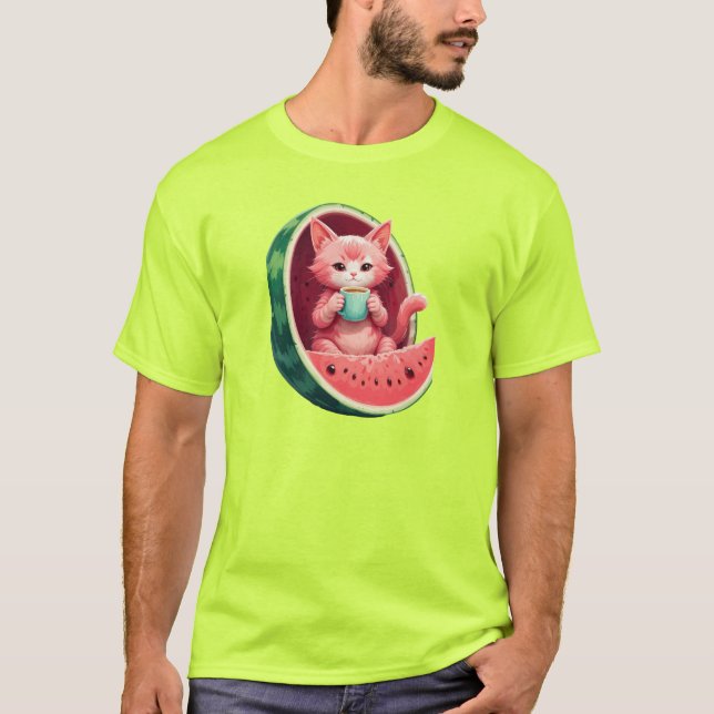 Wassermelone Katze Kaffeepause T-Shirt (Vorderseite)