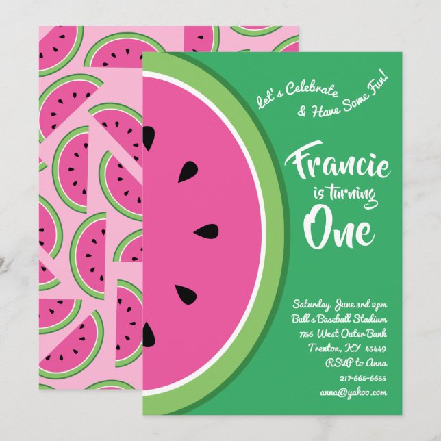 Wassermelone Niedliche Einladungen zum 1. Geburtst (Vorne/Hinten)