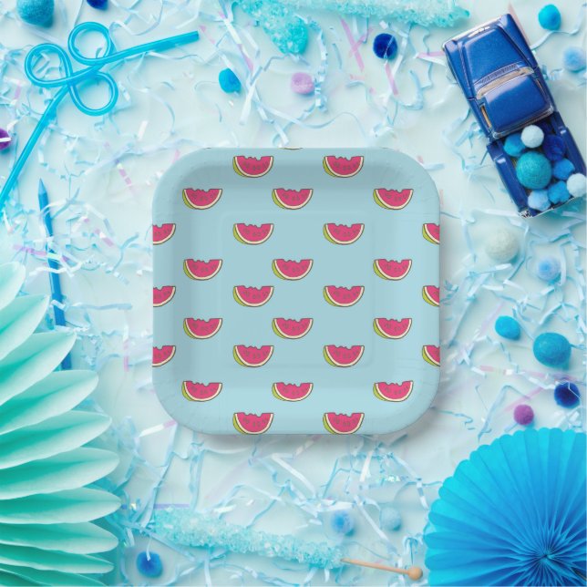 Wassermelone Scheiben auf Aquamarinem Muster Pappteller (Party)
