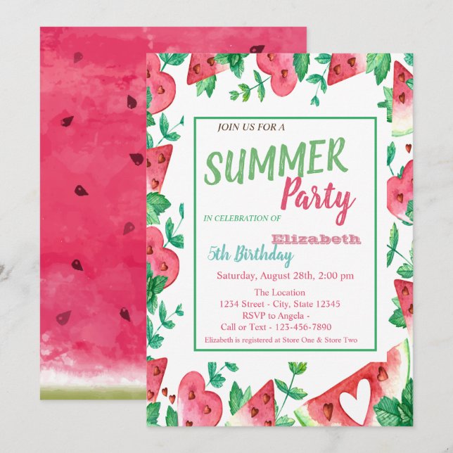 Wassermelone, Sommer Party Geburtstag Einladung (Vorne/Hinten)