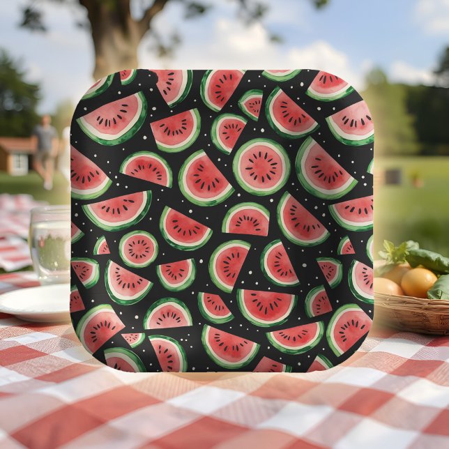 Wassermelone Sommer Party Juicy Wasserfarbe Schwar Pappteller (Summer party paper plates with watercolor watermelon slices on black with stars for backyard BBQ)