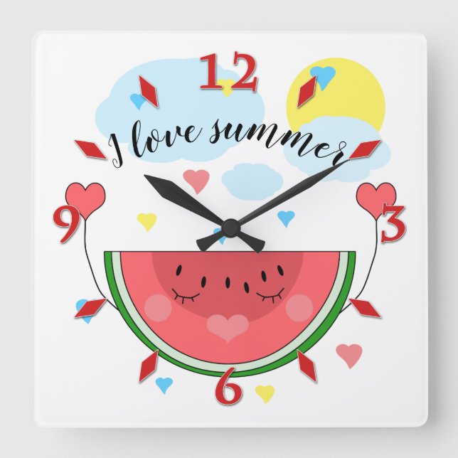 Wassermelone, Text, "I Liebe Summer" Square Wal Quadratische Wanduhr (Vorderseite)