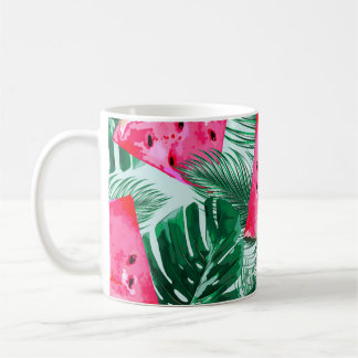Wassermelonen, Blätter aus Palmen: tropisches naht Kaffeetasse
