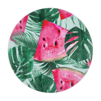 Wassermelonen, Blätter aus Palmen: tropisches naht Schneidebrett