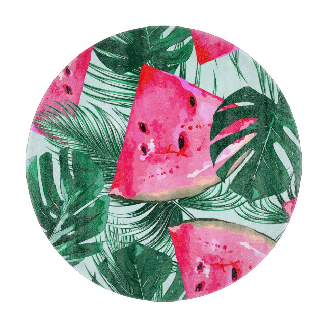 Wassermelonen, Blätter aus Palmen: tropisches naht Schneidebrett (Vorderseite)